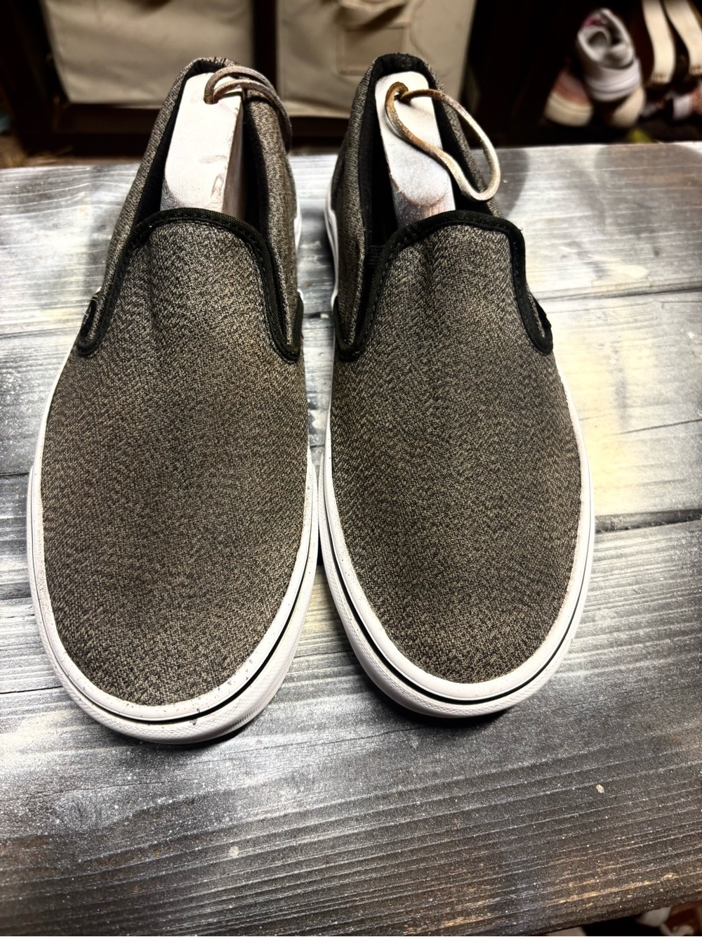 Vans Slip Ons Gray & black slip-on sneakers with textured fabric M9.5